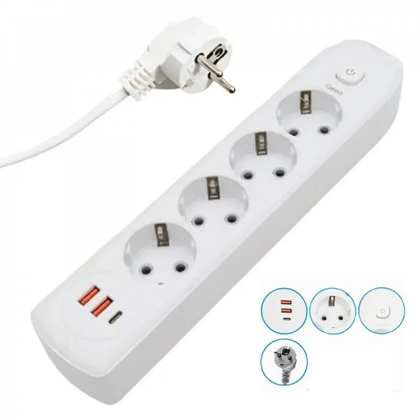 Power Strip Power Socket 4 Outlets AC 2 USB 01 Type-C Q603